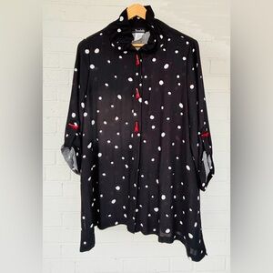 High-Collar Black Polka Dot Tunic Blouse